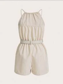 EMERY ROSE 女式休闲纯色口袋吊带褶皱连体衣 - 杏色 - 查看 2