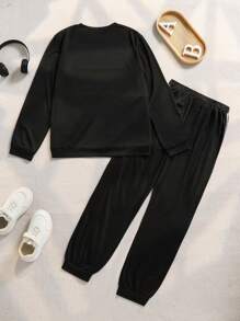 SHEIN Explorewe Teeg Boys' Casual Printed Patchwork Top And Pants Set, Spring/Autumn - Black - View 2