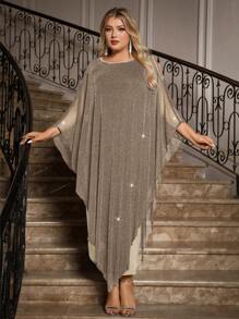 SHEIN Clasi 加大码优雅雪纺长款披肩连衣裙婚礼宾客正式鸡尾酒会新娘母亲装，女士正式礼服 - 卡其色 - 查看 6