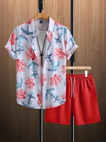 Manfinity RSRT 2件套男士Anchor & Coral休闲度假短袖衬衫和短裤套装。男士花卉Anchor Coral热带夏威夷风情服装。送给男朋友或丈夫的绝佳礼物。舒适的装扮 - 紅色 - 查看 3