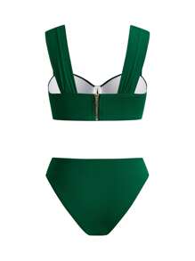Anewsta Women's Summer Beach Solid Color Ruched Metal Shell Sexy Bikini Set With Cover-Up And Skirt - Green - View 4