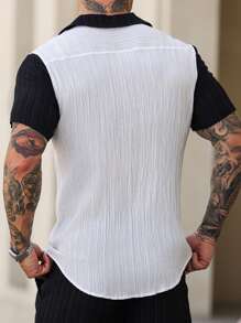 Manfinity Homme 男士拼色单排扣休闲短袖衬衫，夏季 - 白色 - 查看 2