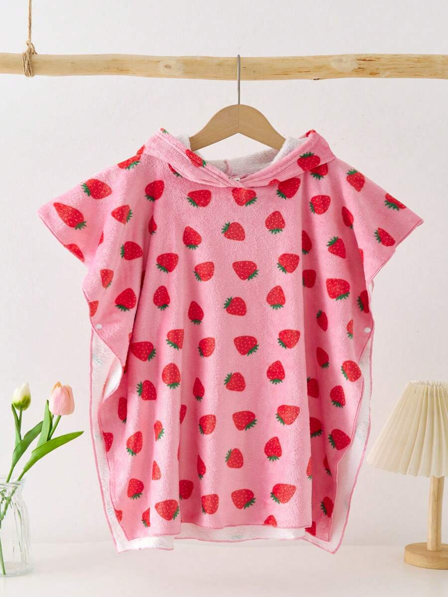 SHEIN Girls' Casual Cute Strawberry Print Hooded Flannel Robe/Bathrobe Fall Winter - Pink - View 1