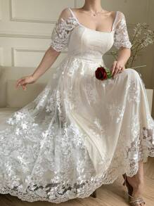 DAZY Đầm midi nữ thanh lịch phối ren, cổ vuông, tay phồng, thích hợp cho các dịp trang trọng, mùa hè. - trắng - Xem 1