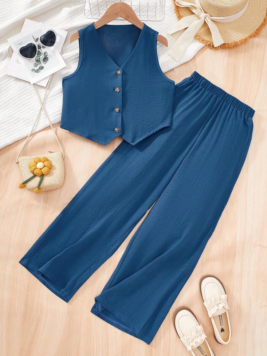 2件套青少年女孩休闲蓝色宽松无袖上衣和阔腿裤套装 - 藍色 - 查看 1