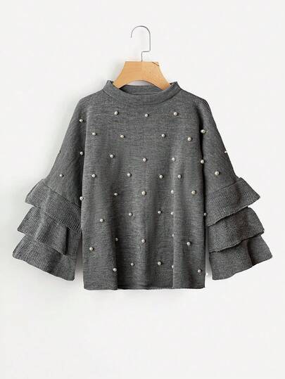 SHEIN LUNE Grå pärlprydnadsstickad tröja med romantiska volangärmar
