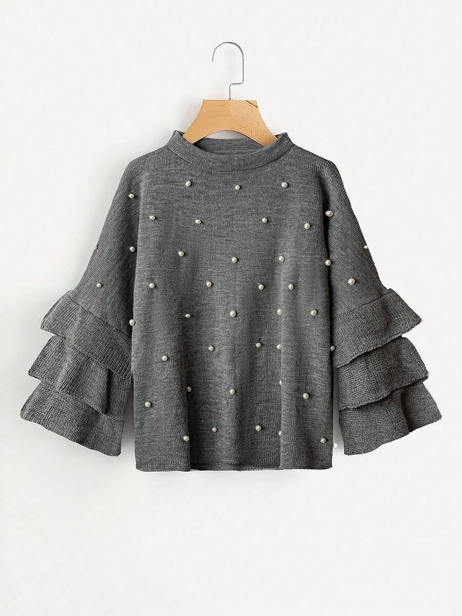 SHEIN LUNE Gray Elegance Pearl Oversized Sweater With Flared Cuff  Elegant Yet Refined, Perfect For Both Commuting And Dates.