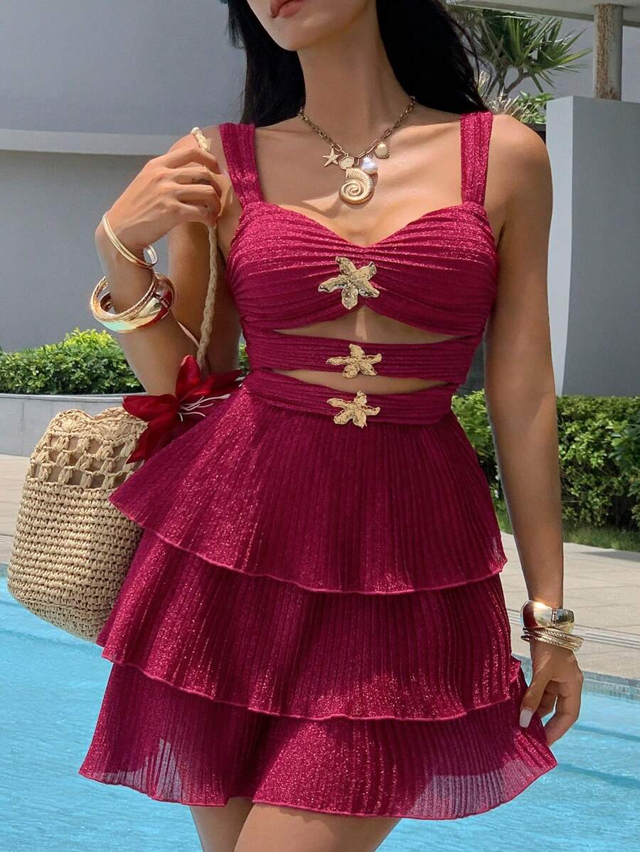 DAZY 女士春夏海滩度假金属花卉装饰镂空多层荷叶边下摆短款连衣裙 - 粉色 - 查看 1