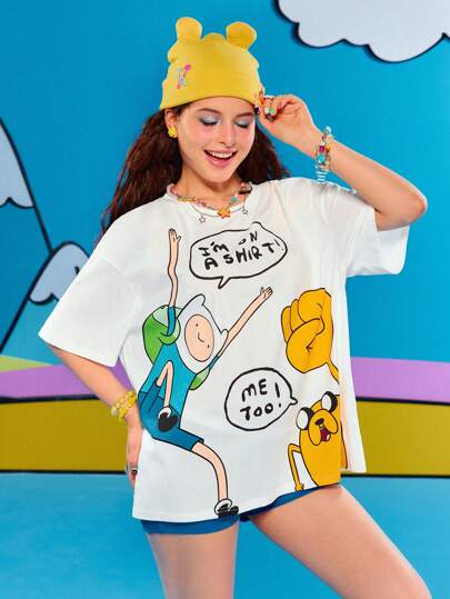 Adventure Time X ROMWE Camiseta 100% algodón con gráfico de dibujos animados lindos para mujer