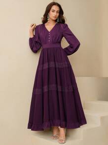 Anewsta Váy bó eo cổ chữ V màu tím nho cao cấp dành cho nữ kèm chân váy xòe bồng bềnh, phong cách nghỉ dưỡng, mùa hè - Màu tím - Xem 5