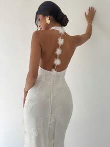 Firerie 女士优雅浪漫精致约会派对节日舞会礼服，蝴蝶 3D 网眼无袖露背白色长裙，毕业礼服 - 白色 - 查看 4