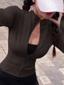 DAZY Women Small Standing Collar Elastic Fitted Long Sleeve Jacket, Casual Sports, Spring & Autumn - Coffee Brown - View 2