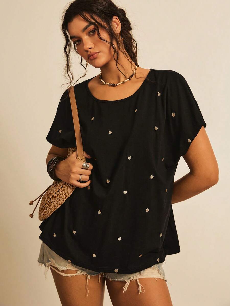 SHEIN VCAY Camiseta holgada con estampado de corazón en estilo bohemio y casual para talla grande, sencilla y de moda para uso diario en verano