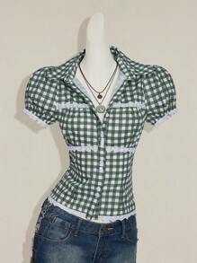 SHEIN ICON 女式泡泡袖格子纽扣休闲短袖格子印花衬衫 - 綠色 - 查看 3