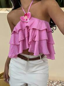 SHEIN EZwear بلوزة نسائية عادية للعطلة بياقة على شكل حبال مضفرة وذيل غير متماثل بلون الفوشيا