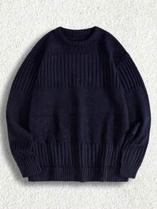 EURMUSE Men Cable Knit Detail Crew Neck Regular Sweater - Navy Blue - View 2