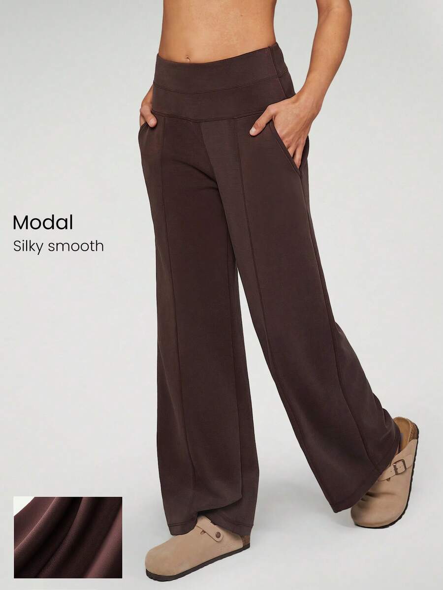 GLOWMODE 30" Regular SoftCalm Modal Silk Touch Wide Leg High Waist Lounge Pants With Side Pockets Daily Casual Spring Summer