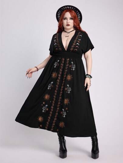 Goth Gothic Style Contrast Color Star & Vine Embroidery A-Line Waisted Black Plus Size Dress