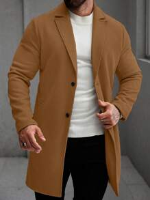 Manfinity Homme 男士纯色翻领长袖单排扣休闲大衣男士外套男士冬季外套棕色外套驼色外套。送给男朋友或丈夫的绝佳礼物。 - 摩卡棕 - 查看 6