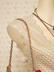 SHEIN ICON Kobiety Western Boho Słodkie Białe Wakacje Kraj Wyjście Seksowna Przezroczysta Jednolity Kolor Kontrast Koronka Bez Rękawów Otwarta Przednia Bluzka - Morela - Zobacz 4