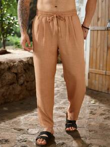 Manfinity Homme Men Plus Casual Loose Pants With Drawstring Waist, Suitable For Summer, Fall - Orange - View 4