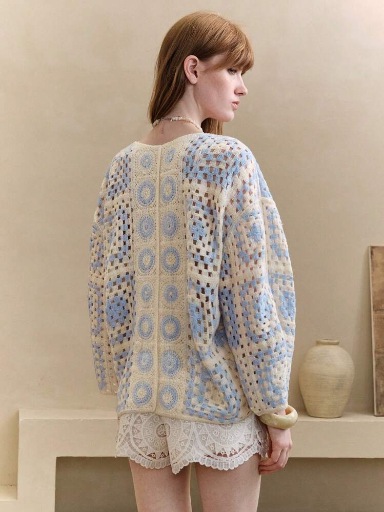 Arave Chaqueta de punto holgada de mujer con manga dolman y patrón geométrico de ganchillo - Azul y blanco - Añade 4