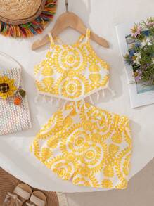 SHEIN Sparklyn Young Girls Summer Fashion Fringe Decor Sleeveless Crop Top And Loose Vintage Print Shorts 2pcs Set Summer Holiday