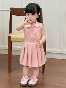 Dazy Kids Toddler Girls' Polo Collar Solid Color Sleeveless Top And Pleated Solid Color Skirt Set - Pink - View 4