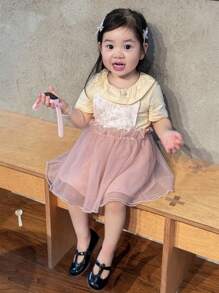 Dazy Kids 2件組女嬰休閒荷葉邊圓領短袖T恤與網紗裙套裝 - 粉色 - 查看 6