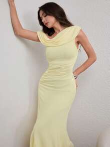 Modelyn Women's Extra Long Asymmetrical Ruched Knitted Slit Shoulder Bodycon Mesh Dress, Elegant & Charming, Light Yellow, Spring/Summer Yellow One Shoulder Ruched Dress - Light Yellow - View 7