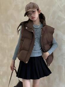 DAZY Áo khoác vest trơn màu thường ngày cho bé gái tuổi teen, áo vest phao - Cà phê nâu - Xem 1
