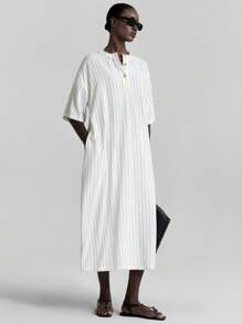 Ontre 2025 New Commuting OL, Women's Casual Loose All-Match Versatile Striped Long Dress - White - View 5