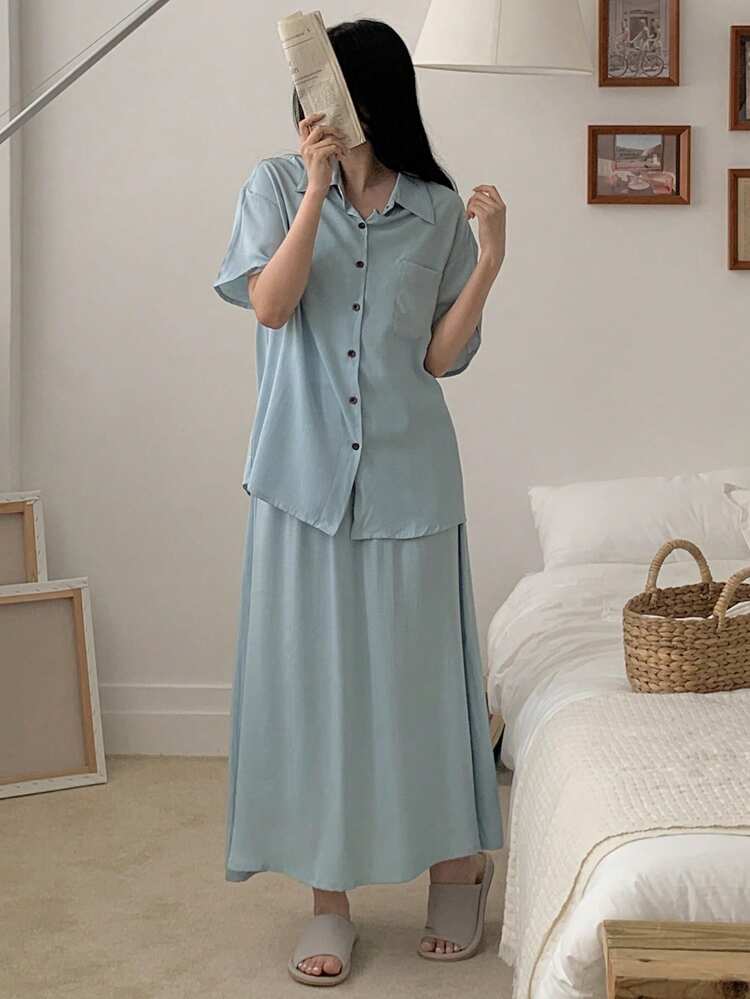 3pcs/Set Women Casual Camisole Top, Shirt And Mini Skirt Combination Loungewear Set Pajama