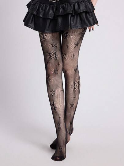 Goth 1 Pair Unique Hollow Out Jacquard Starfish & Heart Net Stockings