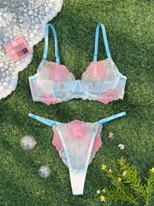 SHEIN 2件套女士玫瑰刺绣撞色性感透明浪漫内衣套装 - 彩色 - 查看 1