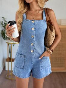 EMERY ROSE 女式夏季休闲牛仔背带裤，带口袋 - 淺色水洗藍 - 查看 1