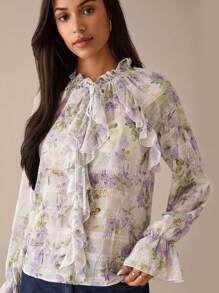 Lilora Blusa elegante de manga larga con volantes y estampado floral para vacaciones, de estilo urbano para salir - Camiseta divertida de mujer de manga larga y volantes, de estilo urbano, romántico y elegante, para salir - Púrpura malva - Ver 4