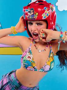 Adventure Time X ROMWE Spring/Summer Carnival Beach Vacation Graphic Y2K Cute Cartoon Fully Allover Print Beaded Detail Halter Top - Multicolor - View 7