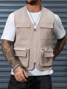 Manfinity Homme Men's Flip-Pocket Vest, Casual Street Outing Running Vest, For Fall - Brown - View 8