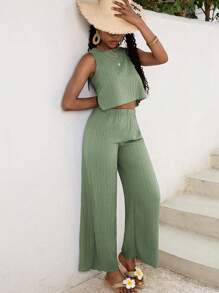 SHEIN Stylish Long Vacation T-Shirt Co-Ords For Teen Girls In Lightweight Olive Green Fabric Two Piece Pants Set Women Two Piece Sets Green Two Piece Set Casual Two Piece Set Vacation Two Piece Set - Olive Green - View 4