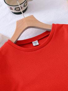 SHEIN LMoss Kids 2pcs Young Girl Knitted Solid Color Round Neck Loose T-Shirt And Fitted Shorts Set - Red - View 4