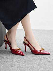 CUCCOO BIZCHIC Giày cao gót mũi nhọn thanh lịch dành cho nữ, chất liệu PU, bề mặt gương, quai hậu màu đỏ tía, thích hợp để mặc hàng ngày/dự tiệc - Màu Đỏ Sâu - Xem 8