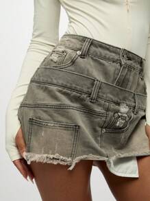 SUMWON WOMEN Deconstructed Denim Mini Skirt High Waisted Distressed Raw Hem Double Waistband Layer Design Grunge Festival Style Fall Winter Fashion - Grey - View 3