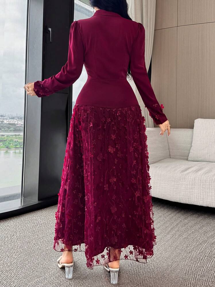 Feyla Vestido Elegante Feminino de Tule com Aplicação Floral 3D e Recortes - Vinho - Visão 5