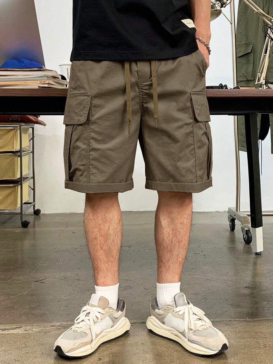 Manfinity Roughcore Loose-Fit Men's Cargo Shorts With Flap Pockets, Side Drawstring Waist Men Cargo Shorts - Mocha Brown - View 1