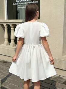 SHEIN Tween Girls' Academic V-Neck White Dress With Dramatic Sleeves & Bow, Back-To-School Season - White - View 2