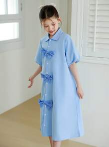 青少年女孩优雅蝴蝶结装饰夏装 - 藍色 - 查看 4