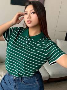 Dazy Plus Top de punto de manga corta con cuello de polo a rayas, suelto, para verano