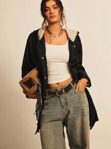 SHEIN LUNE Plus Size Waisted Hooded Jacket, For Winter Fall Autumn - Black - View 5