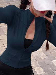 DAZY 女士纯色立领弹力修身长袖夹克，休闲运动，春秋季 - 藏蓝色 - 查看 3